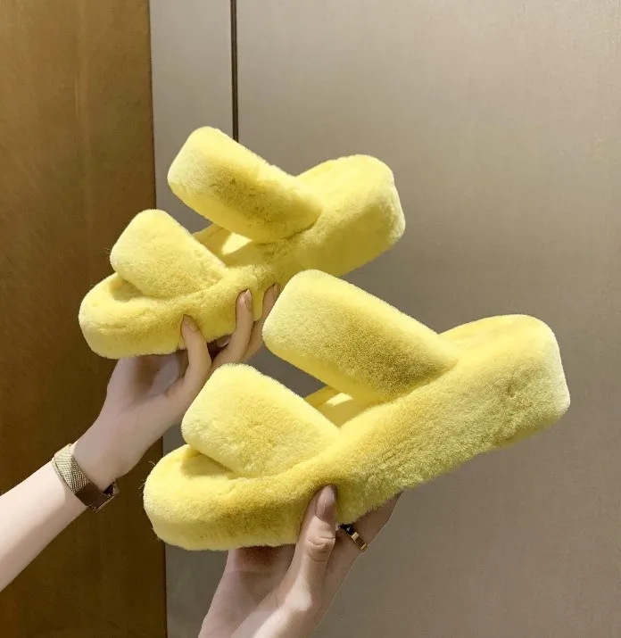 

hb2692n Platform Slippers 2021 Autumn and Winter Korean Style Women Casual Fur Slippers, Yellow, black, beige, dark brown, orange