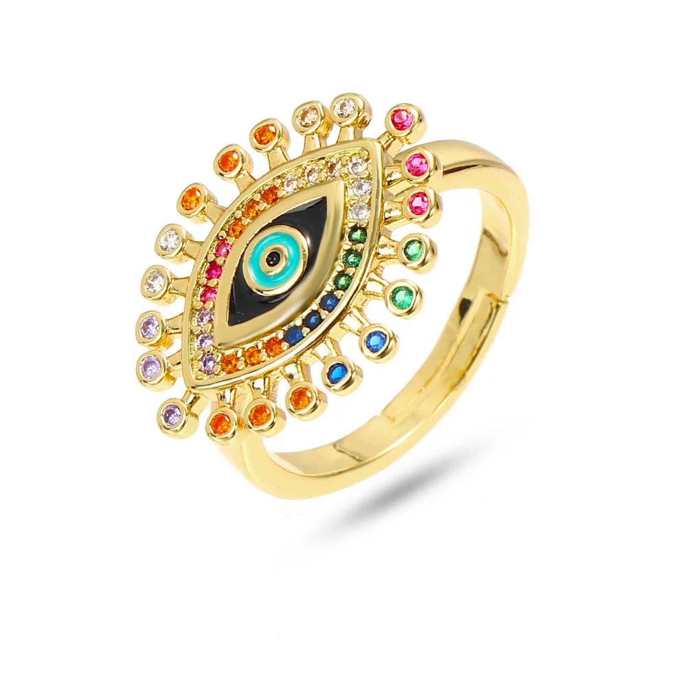 

Gold Tone Colorful Crystal Rhinestone Turkish Eyes Rings Real Gold Plated Rainbow Zircon Evil Eyes Finger Rings