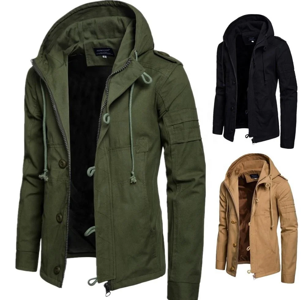 

Winter Men Coat Cotton Padded Hooded Down Coat Casual Jacket Outwear, Cyan-blue/khaki/black