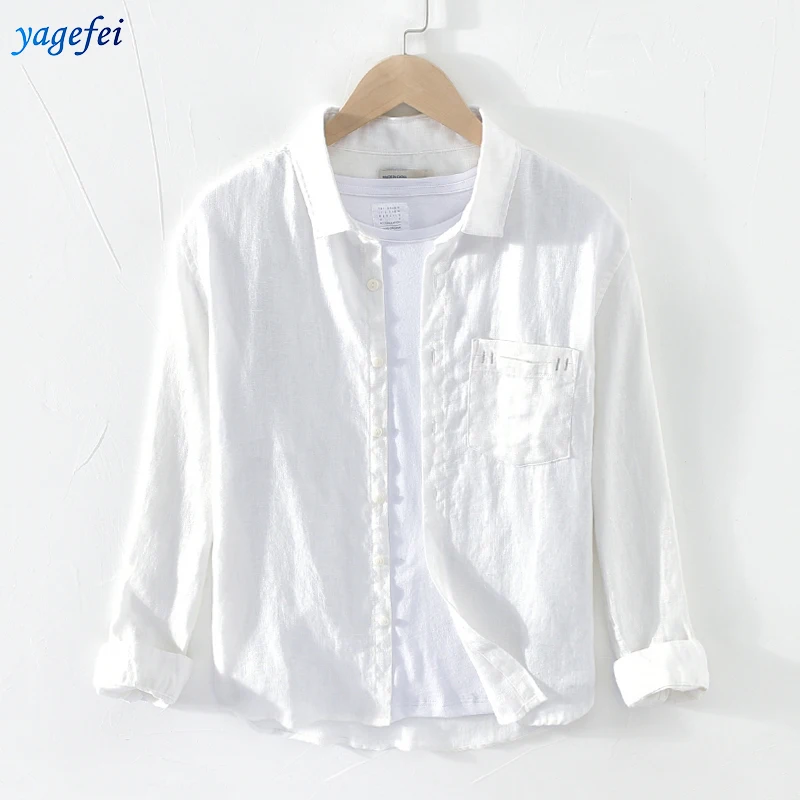 

Breathable environmentally friendly plain 100% linen long-sleeved white shirt turn-down collar male models, Colors