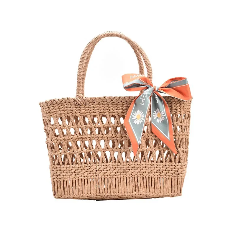 

New arrival summer beach bag crochet wicker woven knitted mesh hollow straw basket bags with scarves, Beige