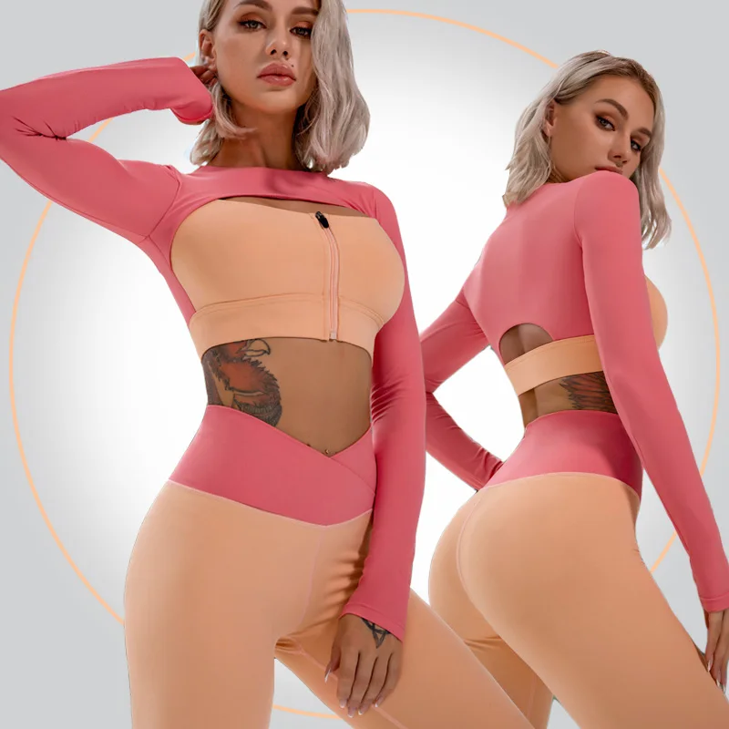 

Wholesale High Quality Scrunch Butt Long Sleeve Gym Matching Zipper Seamless Activewear 5 Piece Nude Yoga Wear Set For Women