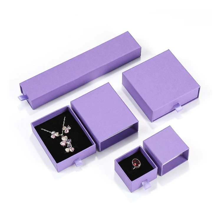 

Custom logo printed purple jewelry box ring pendant necklace bracelet set box paper drawer style jewelry gift packaging box
