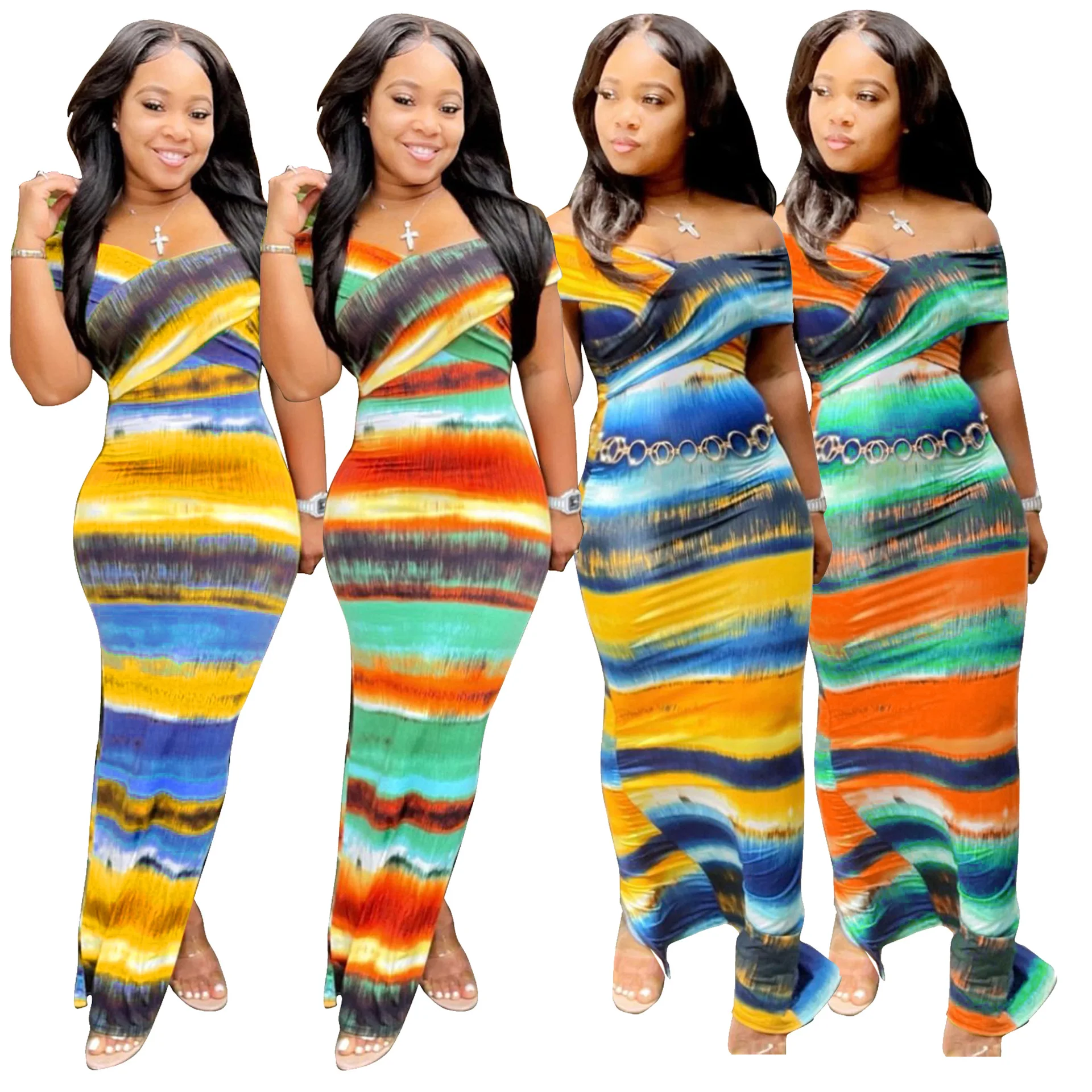 

Fall 2021 Tie-dye cross-wrapped chest strapless two-wear long skirt Elegant temperament casual women's dress