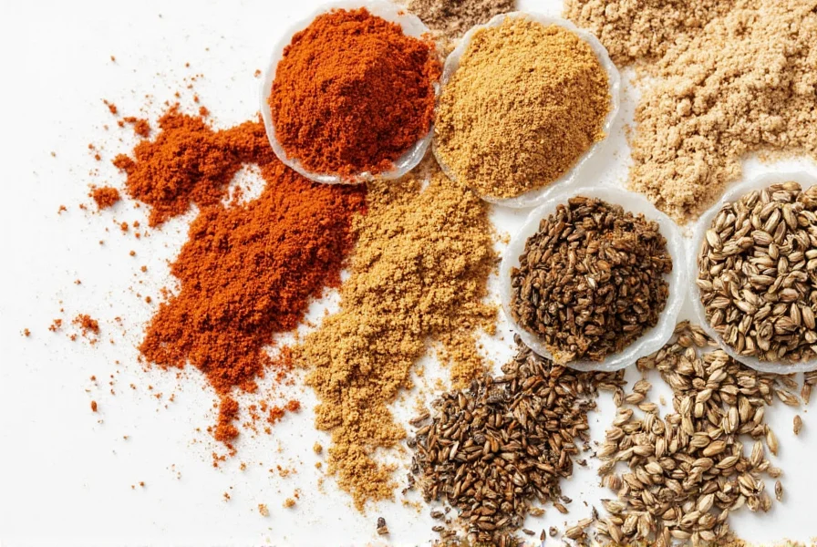 Close-up comparison of cumin alternatives including chili powder, coriander, garam masala, smoked paprika, and caraway seeds arranged in small bowls