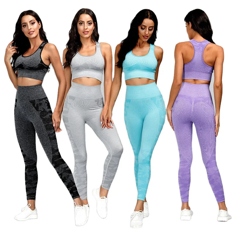 

Custom Women Sports Wear Sports Bra and Leggings Gym Clothing Two Piece Yoga Set Camo Seamless Pants Sportswear 50 Pcs, Customized colors
