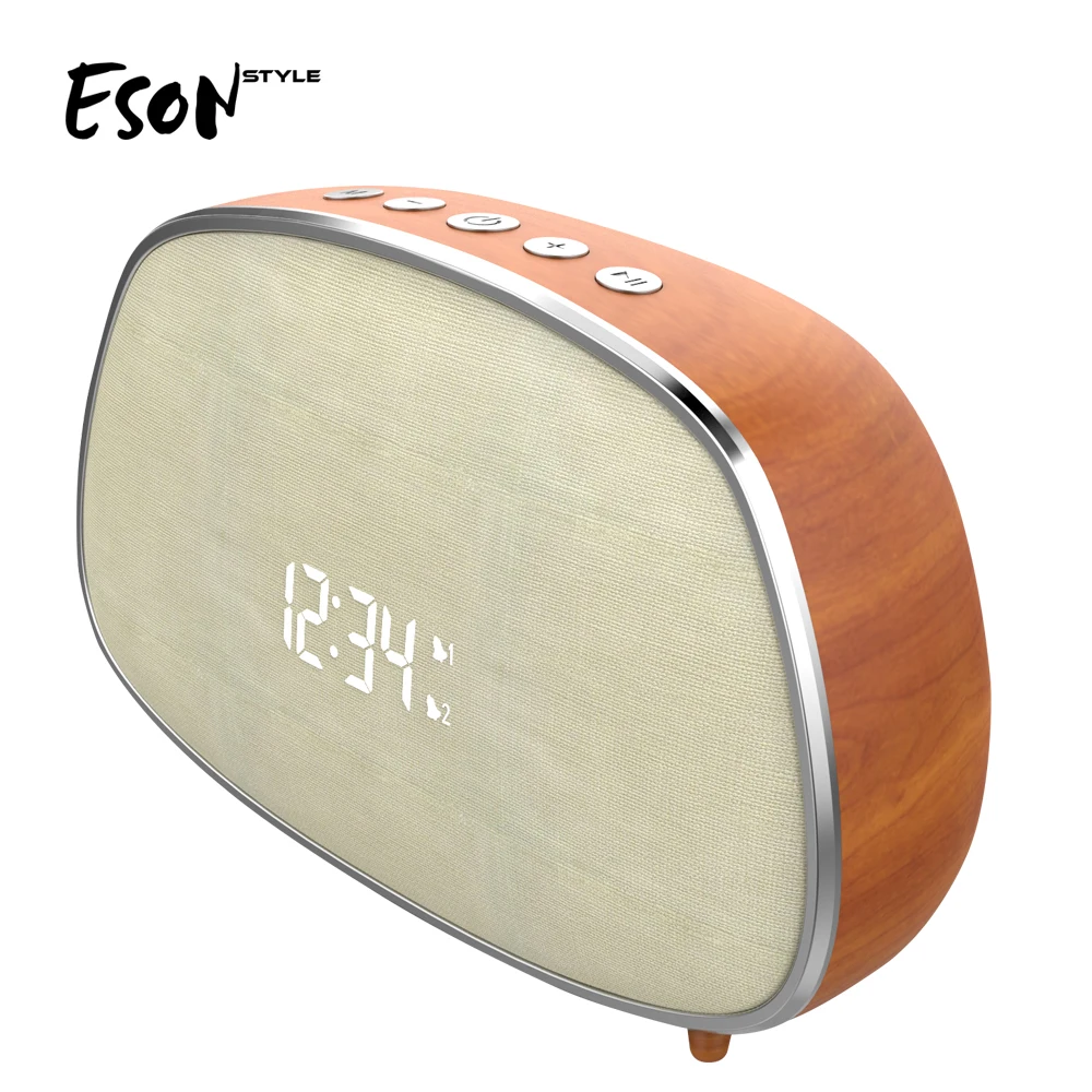 

Eson Style Retro Dual LED Digital Alarm Clock FM Radio with Stereo Sound Wooden Wireless Bluetooth Speaker