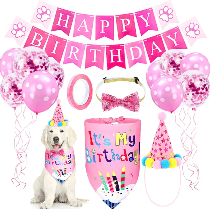 

Pet Birthday Supplies Set Balloon Party Accessories Decoration Cute Doggie Bandana Collar Birthday Hat, Blue,pink