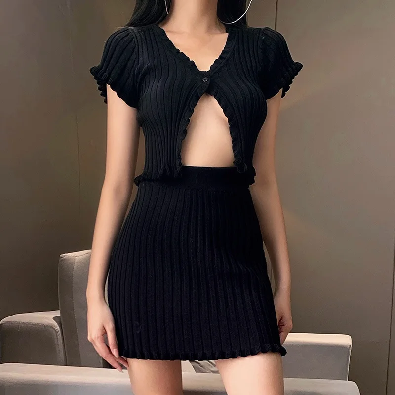 

2020 new arrivals summer designs fashion trending women cheap knitted sexy two pieces skirt sets