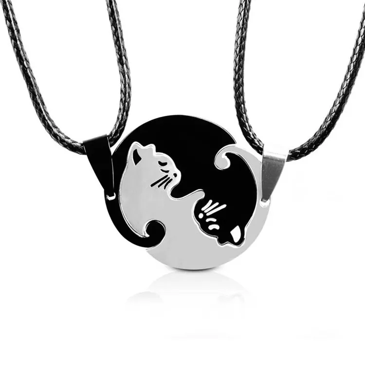 

New Design Couple Leather Jewelry Black white Couple Necklace Stainless Steel Animal Cat Pendants Necklace