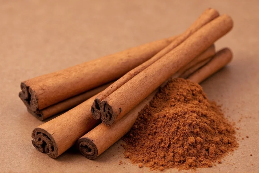 Two cinnamon sticks side by side: one labeled Ceylon (thin, multiple layers) and one labeled Cassia (thick, single layer)