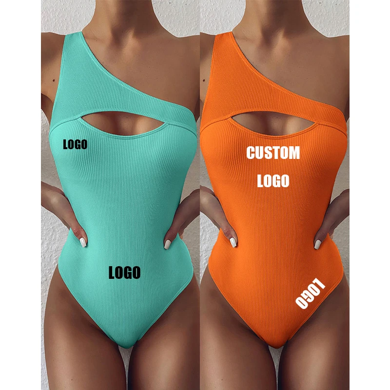 

Free shipping Custom Logo Color Bikinis Woman Swimwear Eco Friendly fabric provided one shoulder hollow customized Bikini