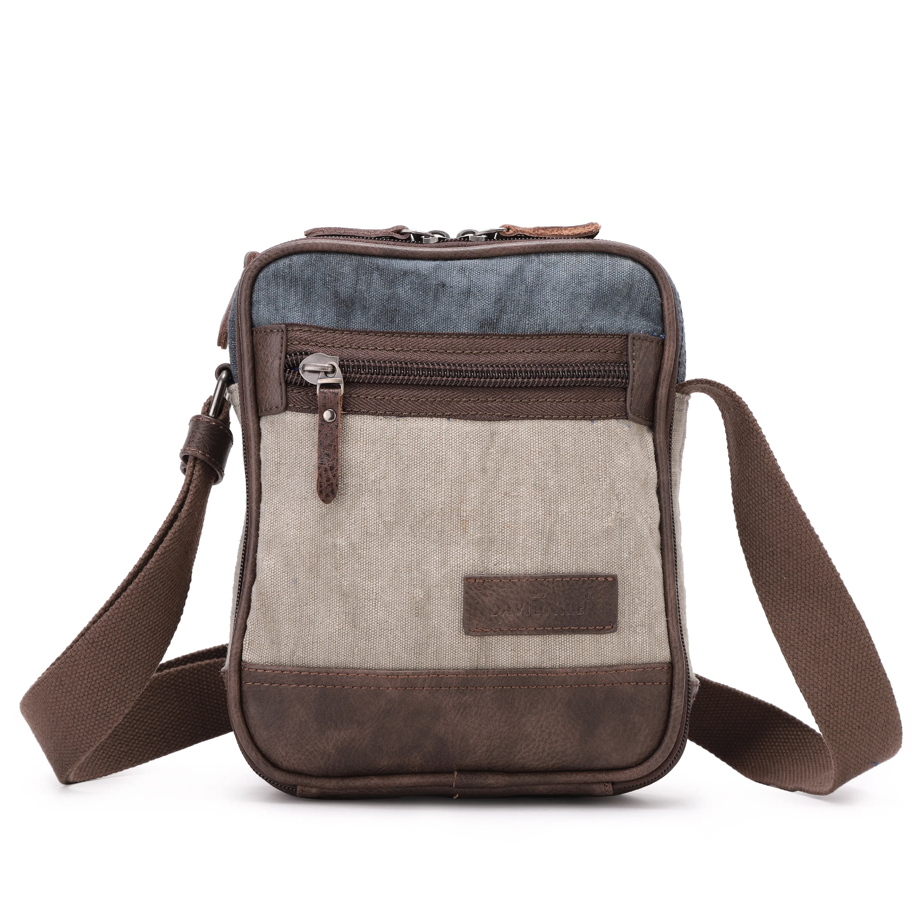 

Hot Selling Men Canvas Crossbody Small Messenger Bag with Leather Trim