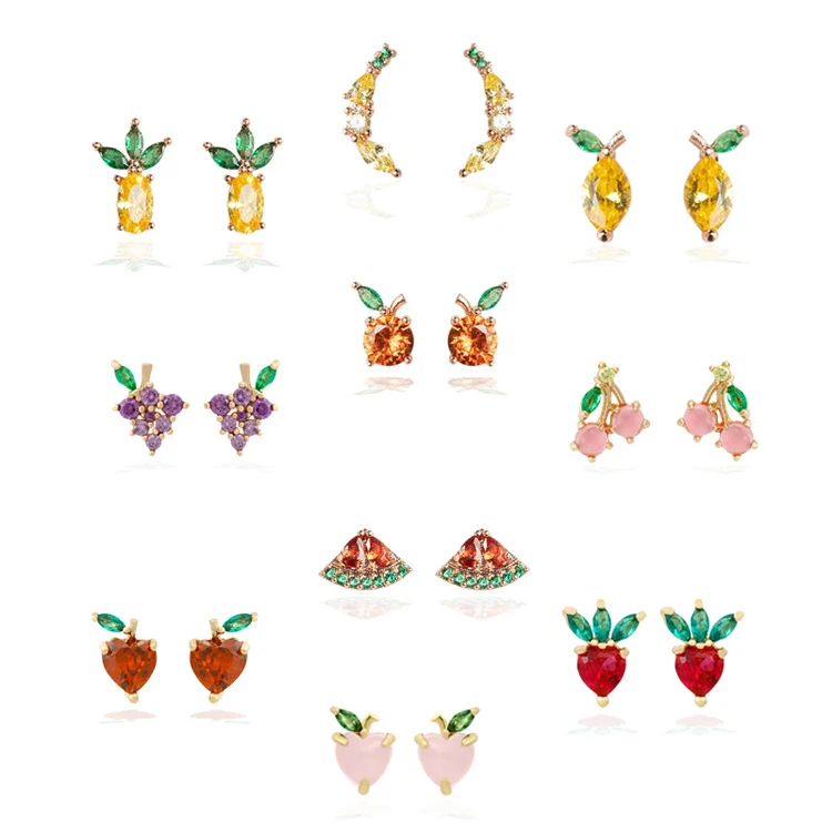 

Colorful gemstone cubic zirconia Fruit earring cute tiny studs cherry grape banana strawberry apple crystal earring for girls, Optional as picture,or customized