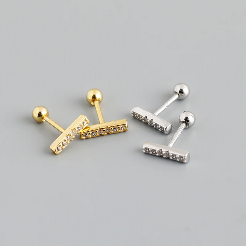 

2022 New 925 Sterling Silver ONE PAIR Bar shape with CZ diamond gold plated piercing screwback stud earring