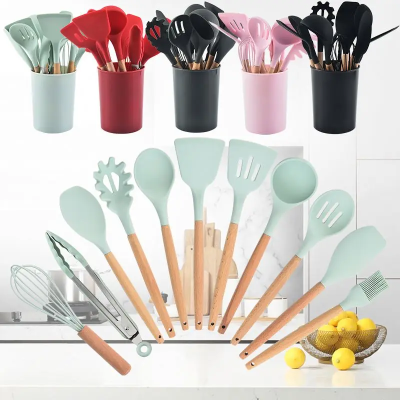 

amazon hot selling soft 11 pcs silicone cover kitchen tong utensils set kitchenware ware tools gadgets accessories products, Sky blue pink gray or custom