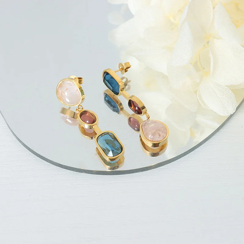 

Waterproof Fashion Drop Earrings Stainless Steel Non-fading Earrings Asymmetric Crystal Colorful Earrings for women