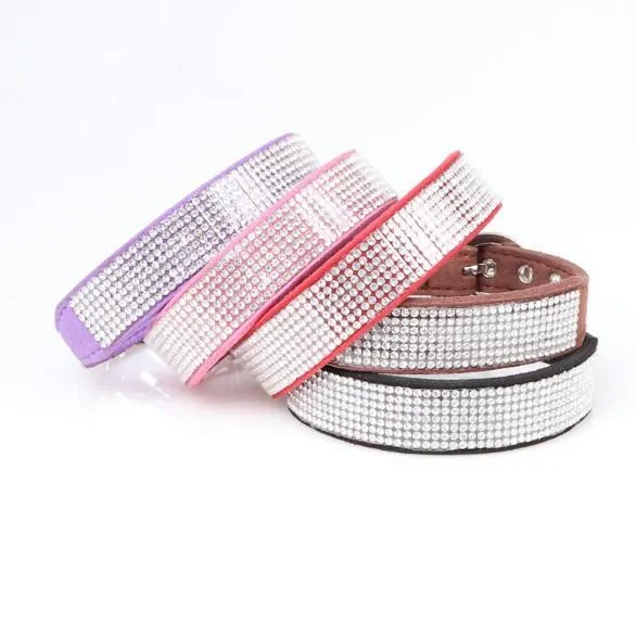 

Luxury Design Shining Rhinestone Pet Collar Multiple Colors Soft Leather Dog Neck Collar