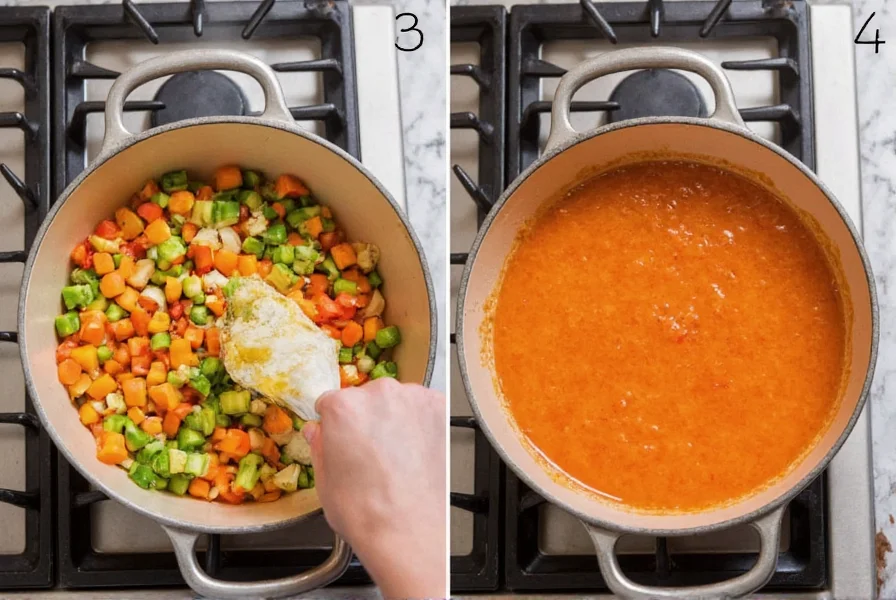 Step-by-step preparation of homemade pepper jelly showing chopped peppers, sugar, and vinegar in a large pot on stove