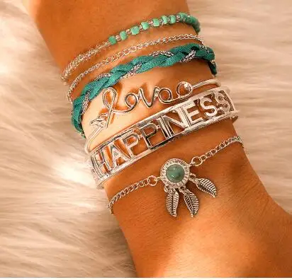 

WIIPU Bohemia Blue Beaded Rope Silver Chains Bracelets Pendant Bracelet Set For Women Letter Bangle Adjustable Jewelry