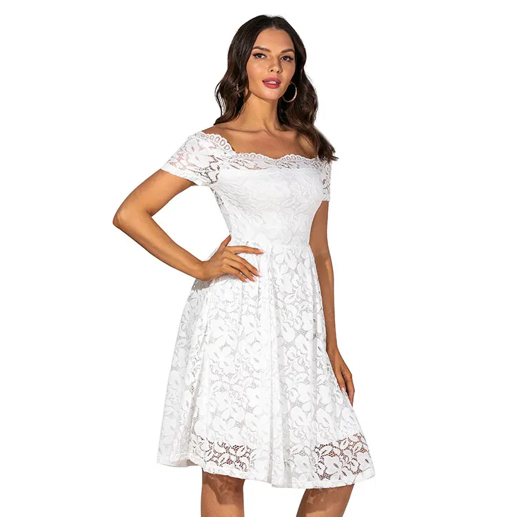 

2021 Amazon Hot Sale Lady Casual Romantic Dress White Lace Overlay Dresses For Women Elegant, Customized color