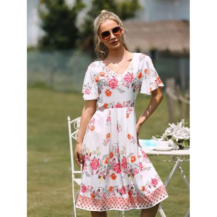 

PEARL Tight Waist Waist Printing Big Blue Sexy V Collar Floral Skirt Casual Sexy Bodycon Dress Women
