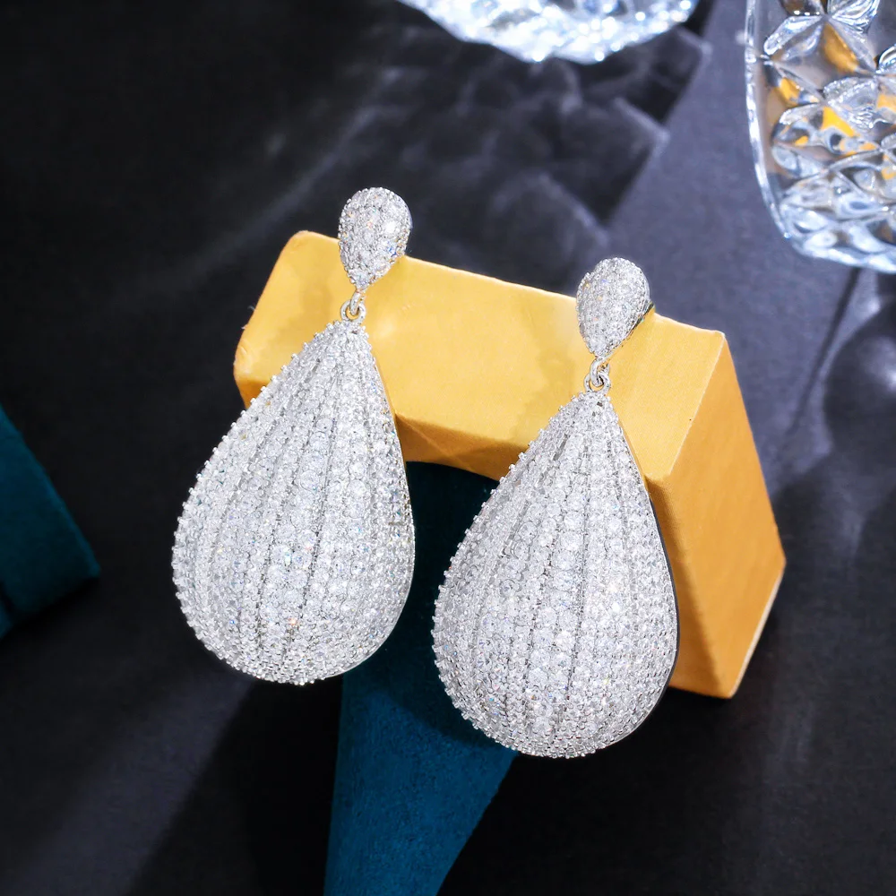 

Shiny Full Cubic Zirconia Pave White Gold Color Women Long Dangling Big Water Drop Earrings for Brides Wedding Pageant Jewelry