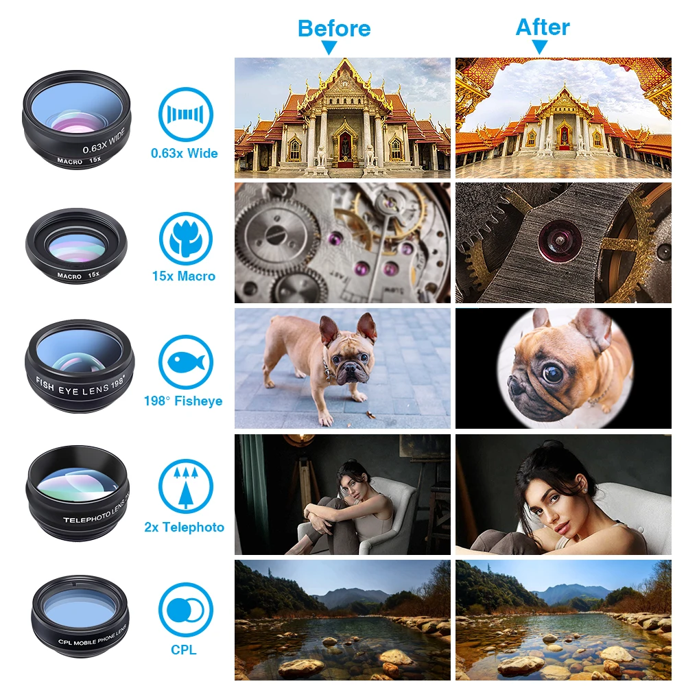 APEXEL Mobile Phone Accessories 10 in 1 Phone Camera Lens Kit Wide Angle Macro Fisheye Funny Mobile Clip Lens for iPhone