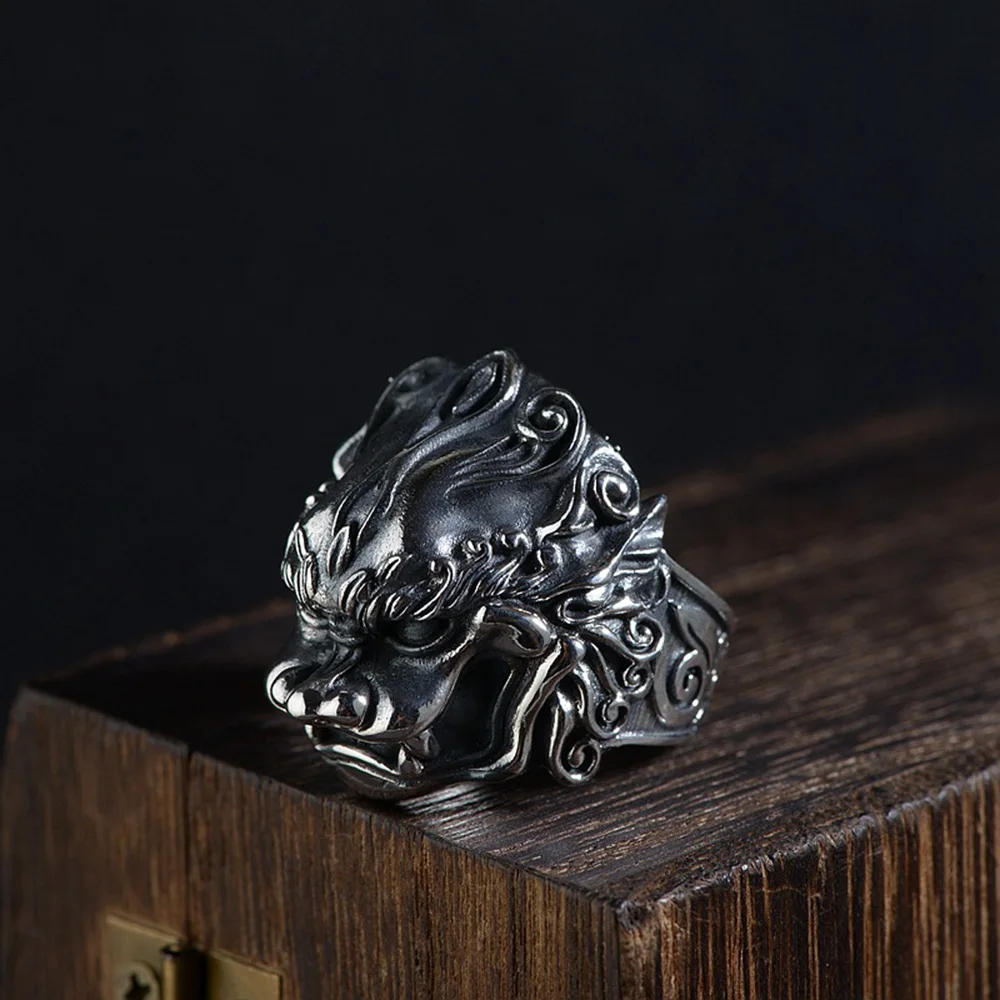 

Silver 925 Jewelry Mens Lion Ring Antique Punk Accessories Thai Silver Resizable Rings for Men