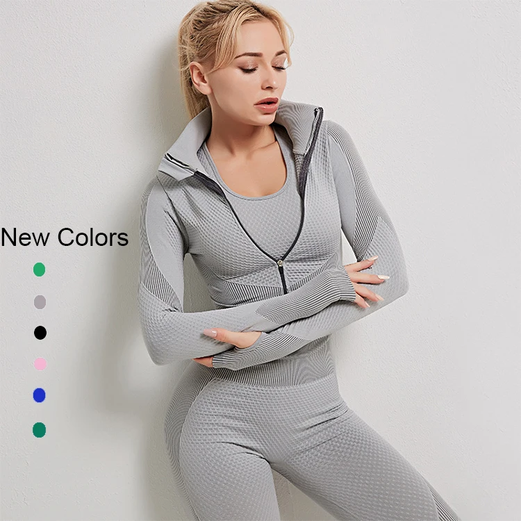 

2020 New Arrival High Waist Sport Fitness Seamless Activewear Girls Fitness Yoga Wear Long Sleeve Bra Legging Yoga Set with zip, Two colors