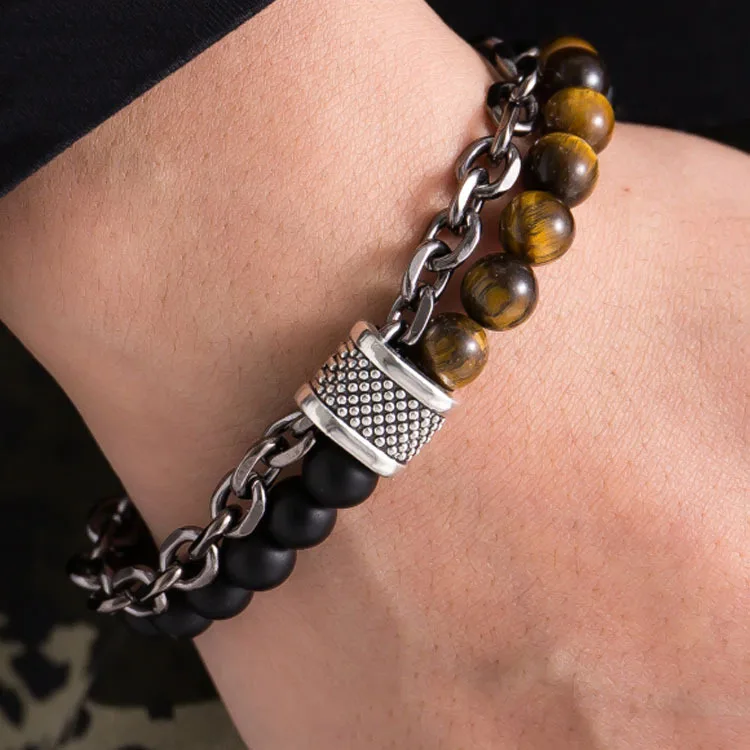 

Men's Stainless Steel Gunmetal Link Chain Map Agate Stone Bracelet Tiger Eye Stone Beaded Bracelet