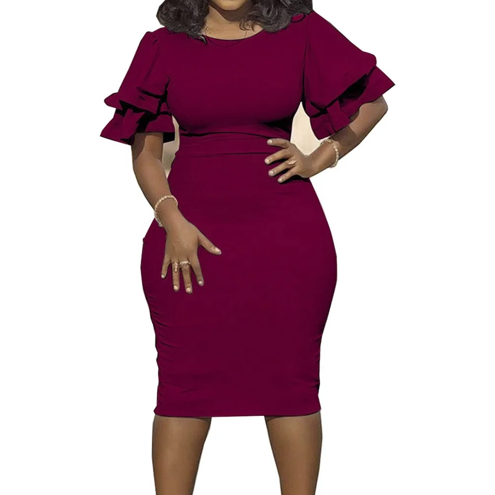 

Hot sale plus size fashion dinner one step women office popular ruffle sleeve dress