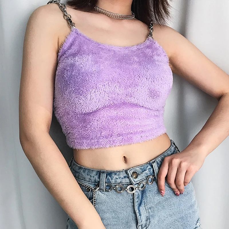 

iEFiEL Women's Low Price Faux Fur Tank Tops Straps Camisole Hot Clubwear Y2K Crop Top