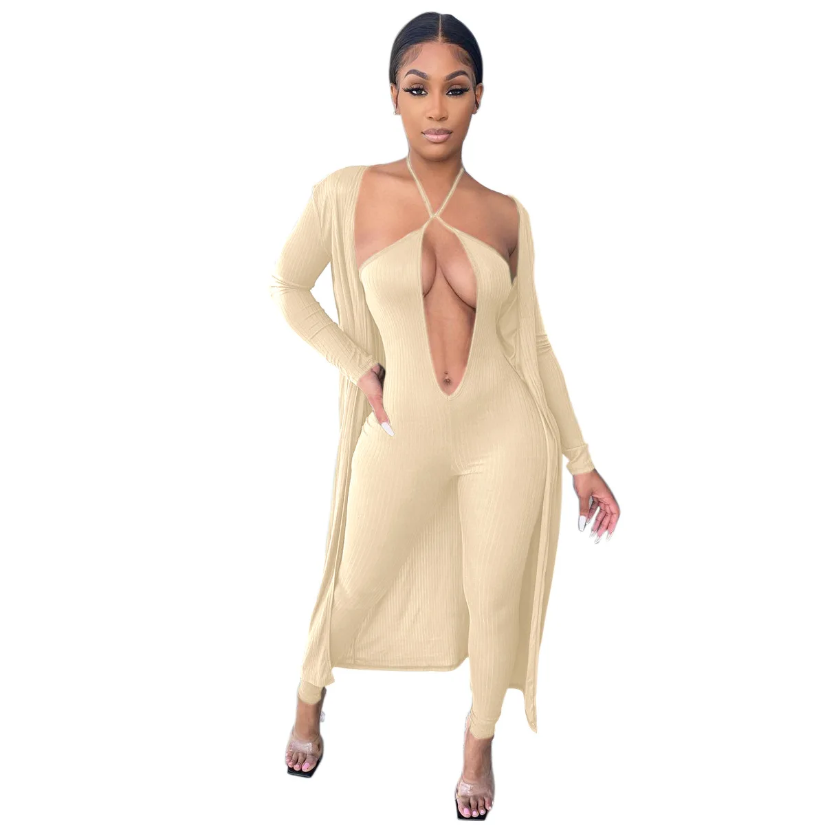 

Autumn Women's Sexy Sling Deep v One Piece Jumpsuit And Long Sleeve Ribbed Coat 2021 Stylish Black Two Piece Set For Women