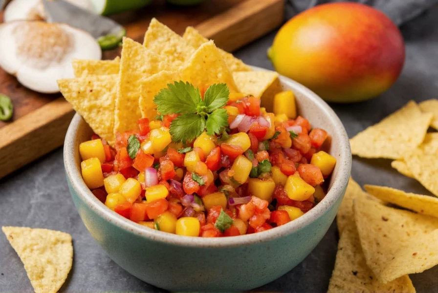 Vibrant tropical habanero mango salsa in bowl with tortilla chips