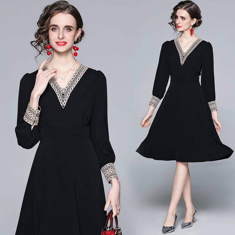 

Spot 2021 new arrivals spring waist slimming embroidered V-neck A-line skirt Slim Casual Dresses soft, Customized color