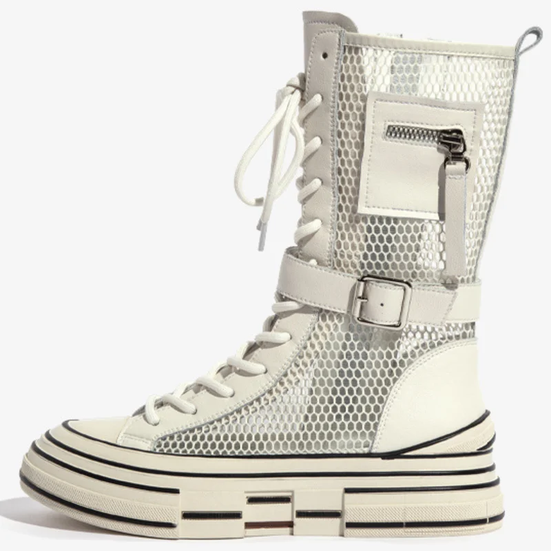 

Dropshipping Custom Logo 2022 Summer New Luxury Mesh Breathable Ladies Mid Calf Boots Flat Ankle Boots for Women