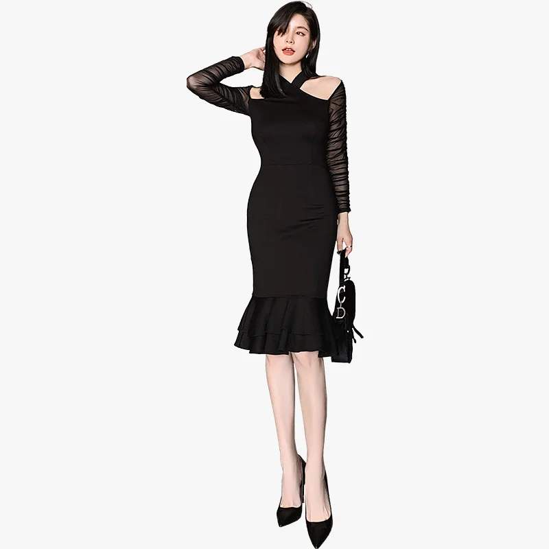 

2021 Spring women sexy mesh long sleeve bodycon dress fashion bandage dresses bodycon