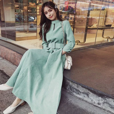 

S-054 French women's retro dress Korean version long-sleeved clothes ladies maxi dress with belt