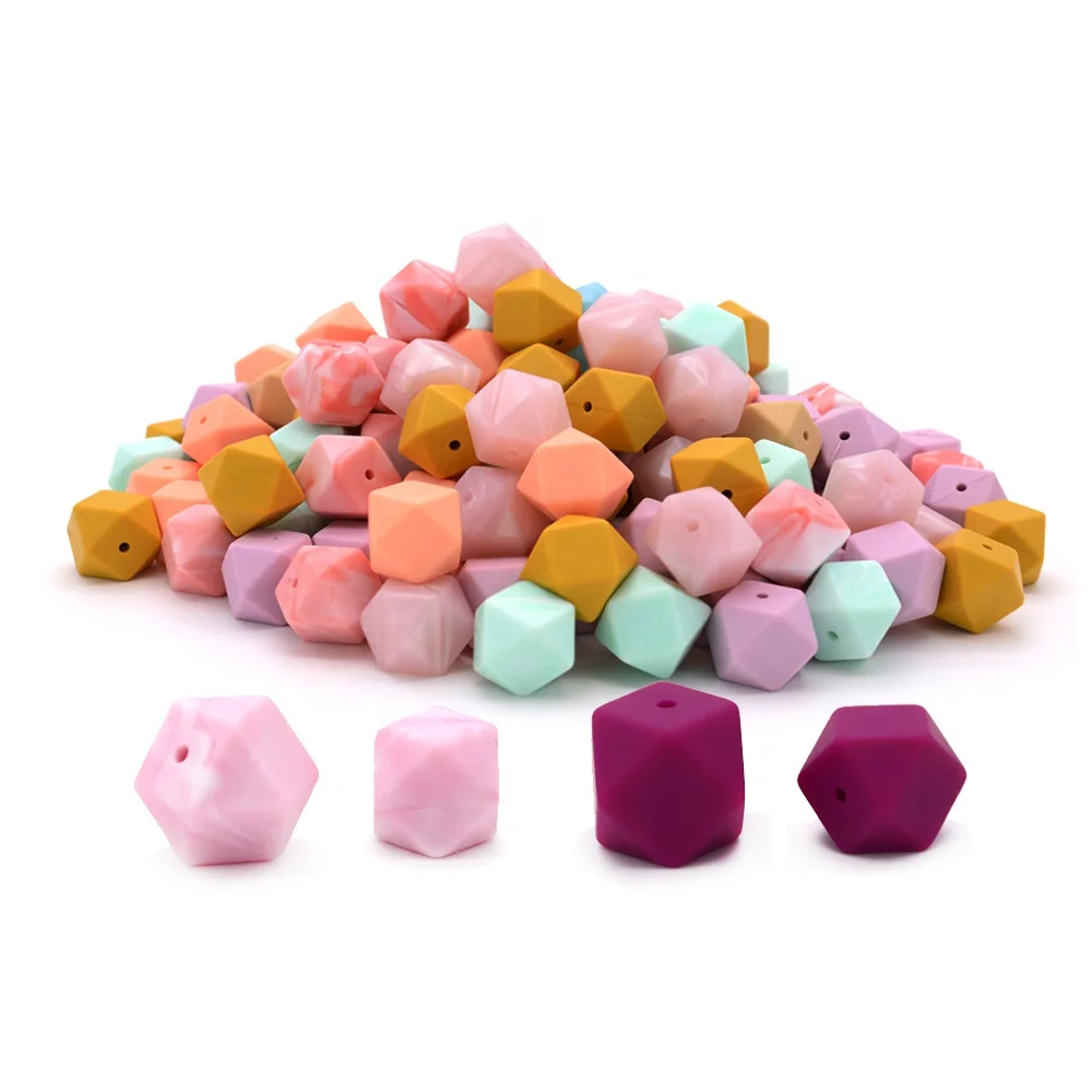 

Wholesale Loose Bulk Baby Chew Hexagon BPA Free Food Grade Soft silicone beads for Jewelry Making, 90 colors or customize