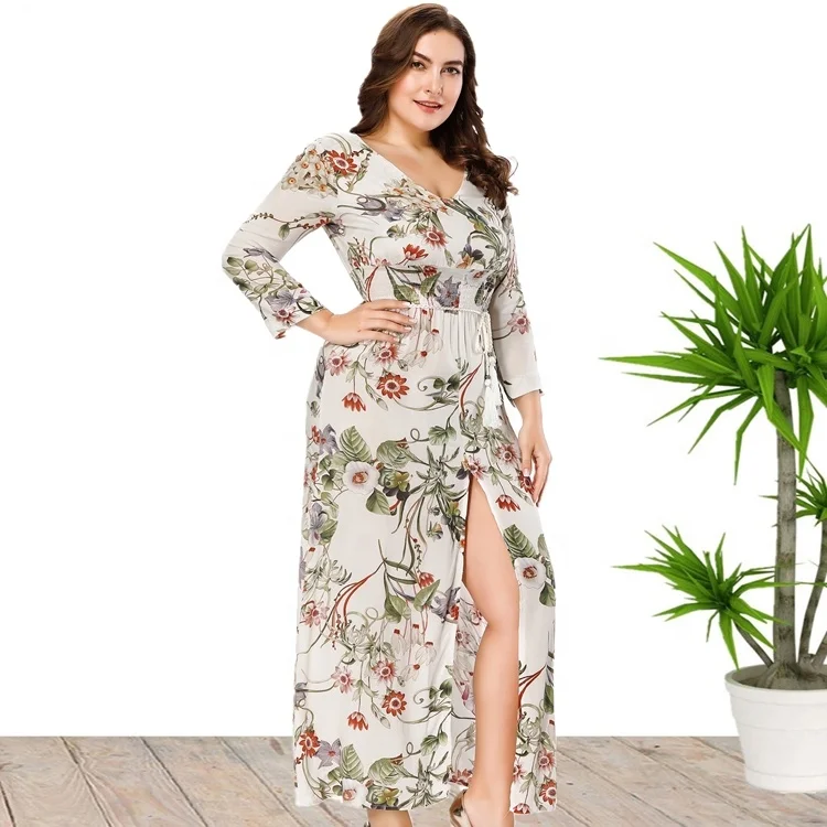 

New arrival V Neck Long Sleeve Plus Size Maxi Floral Print Autumn Dress For Women