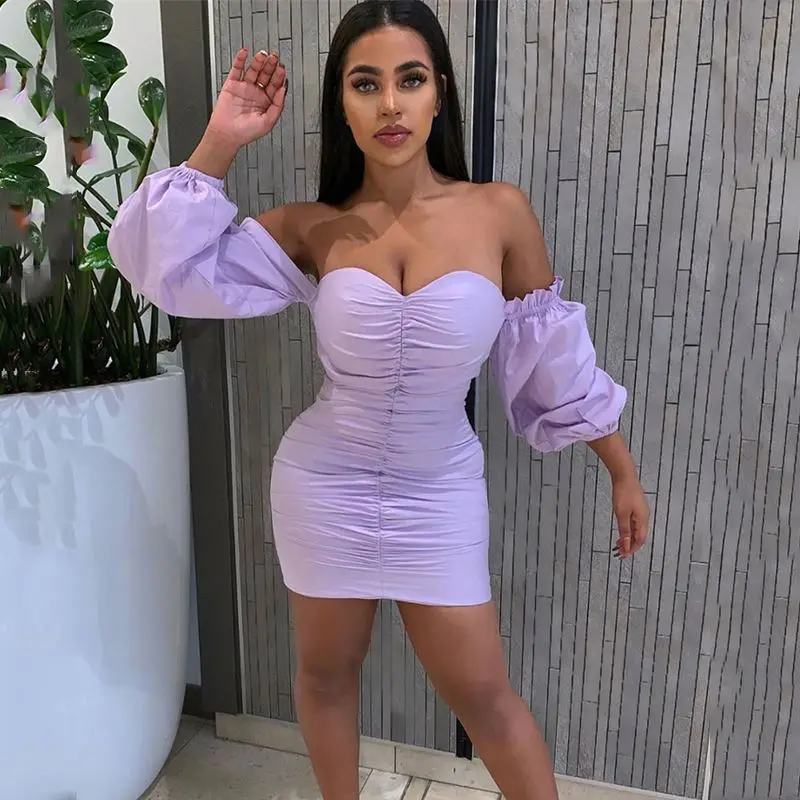 

Wholesale 2021 new fashion boutique women clothing off shoulder long lantern sleeve long slim fit party dress evening, Pink,lilac