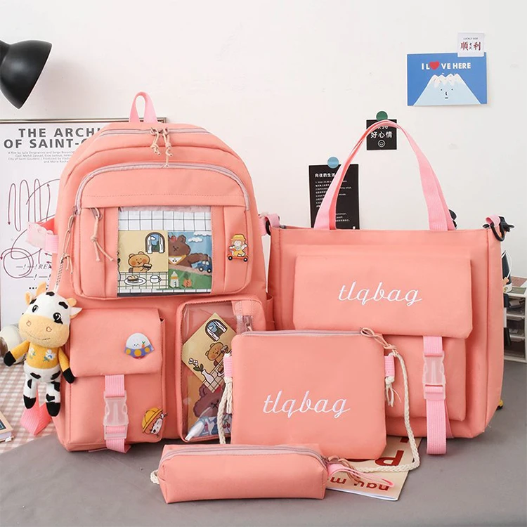 

4 Pcs Set Children'S School Bag Kawaii School Backpack For Teenager Girls Anti-Theft Travel Backpack With Bear Pendant, 5 colors