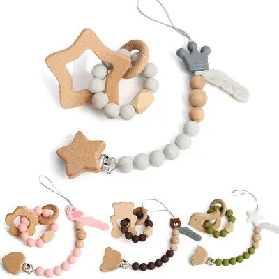 

Wooden Animals Silicone Beads Ring Wooden Baby Teething Nipple Chain Holder