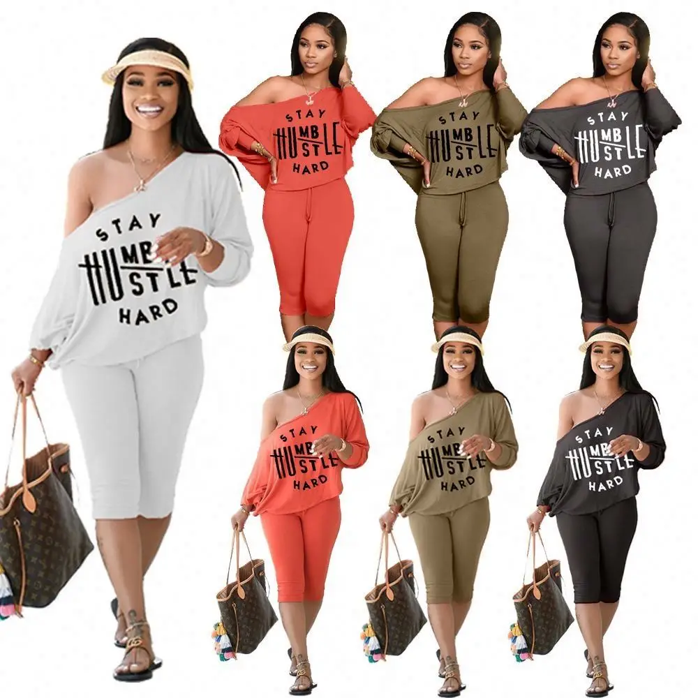 

ZYY978 summer Slant Shoulder Loose Large Size two pieces women gym tracksuit short set