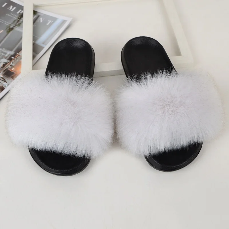 

Women Fur Slippers Fluffy Indoor Slippers Fox Fur Slides Flat Furry Sandals Soft Plush Shoes Ladies Cute Fuzzy Fur Slides, Mixed color