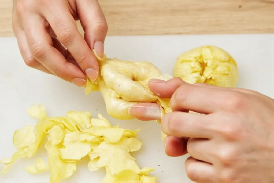 Hand demonstrating how to peel ginger with a spoon