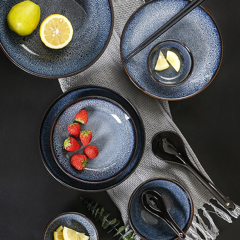 

Simple Style Reaction Glaze Gradient Blue Bowl Ceramic Plate Dinnerware Sets Luxury