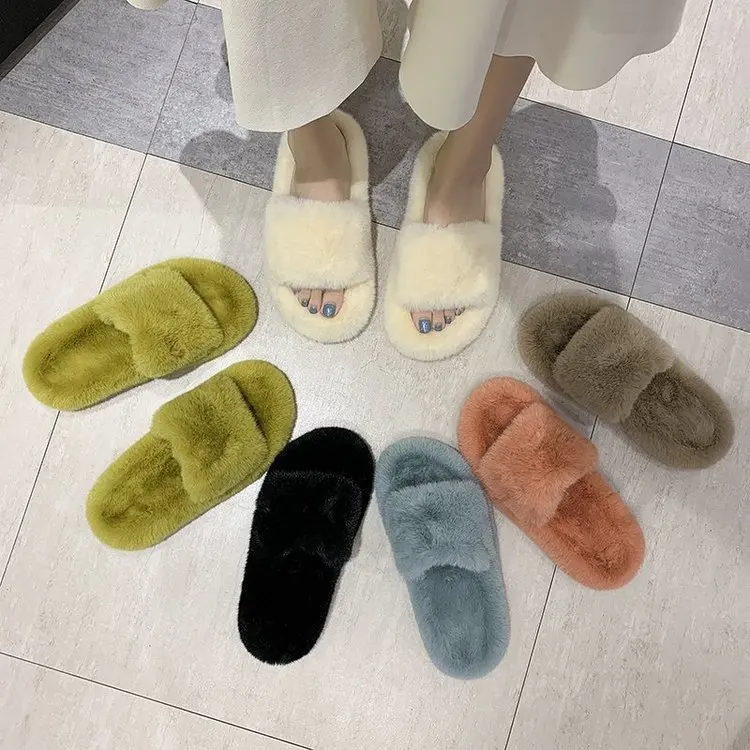 

Large size fur slippers for women 2021 Korean style laid-back wearing flip flops with thick soles and open toe fall/winter slipp, Picture
