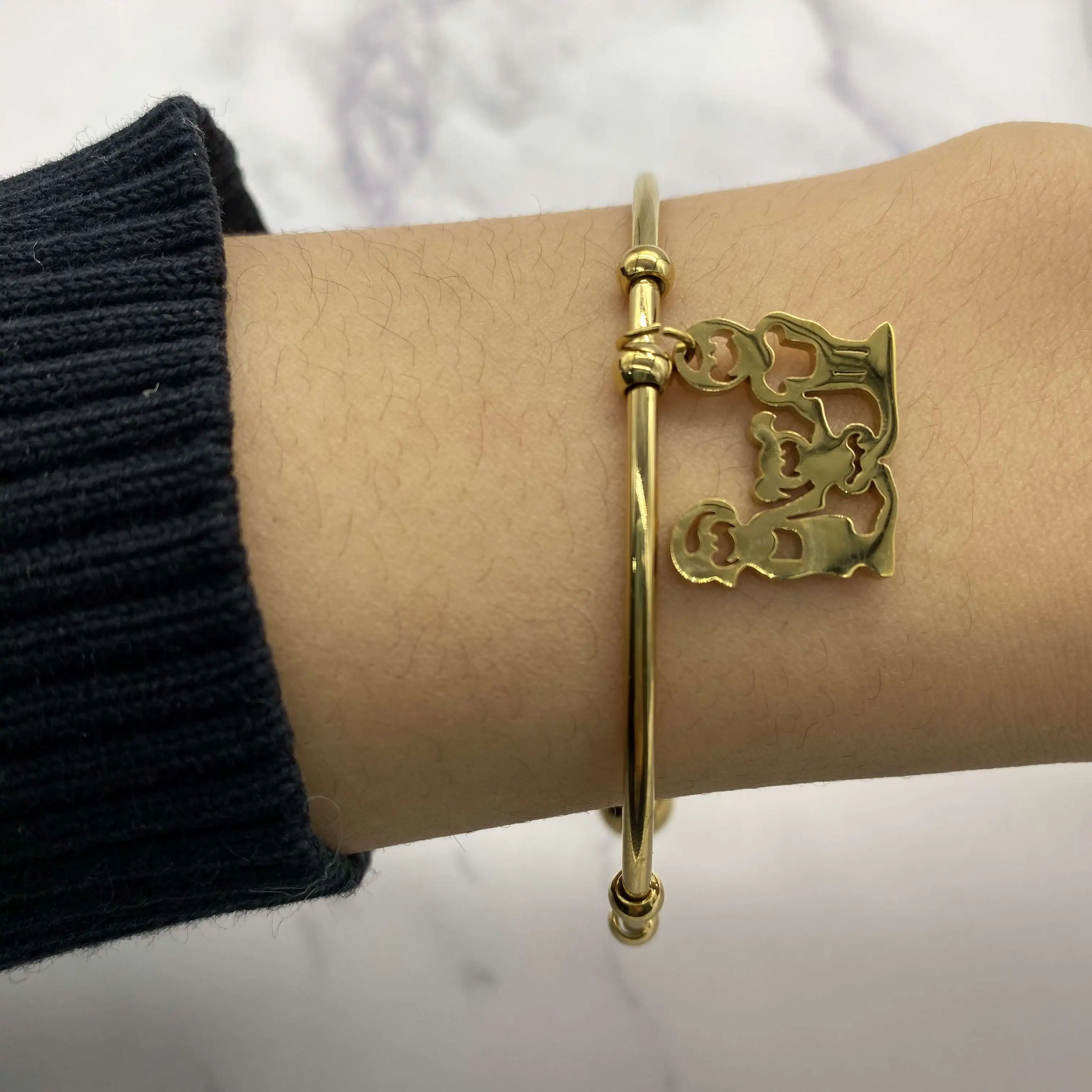 

Wholesale Stainless Steel Adjustable Family Charm Bangle Bracelet Custom Parents Gifts Family Of Three Charm Cuff Bangle